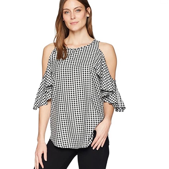 Karen Kane, checkers, ruffle cold shoulder top